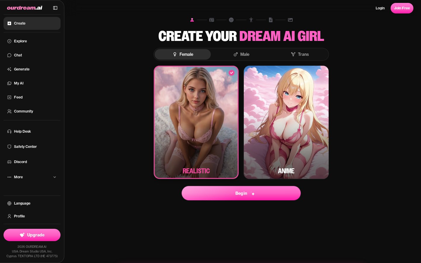 OurDream AI create your dream AI girl builder screen