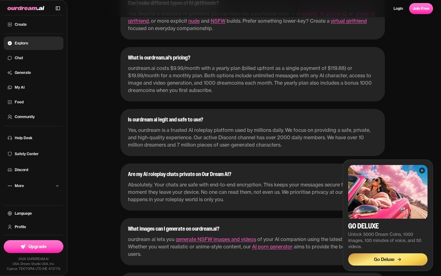 OurDream AI pricing FAQ showing monthly and yearly plans
